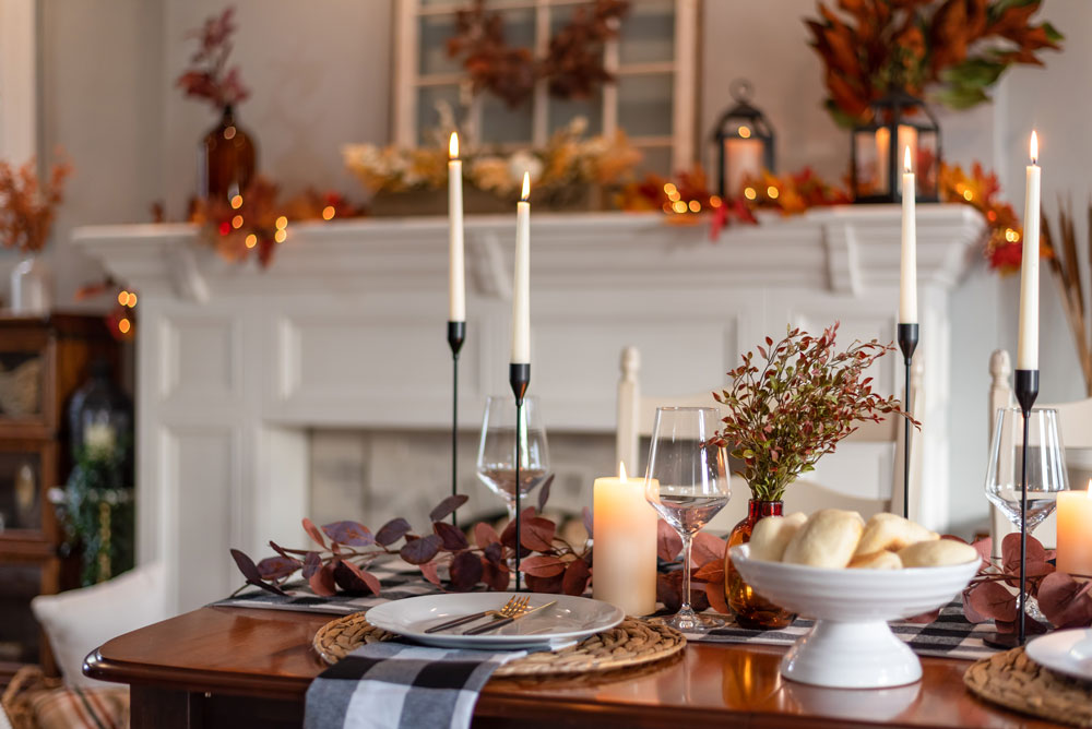 Thanksgiving Table with candles and fireplace
