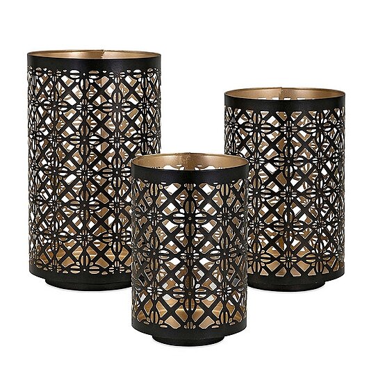 Set of 3 Rounded Iron Candle Holder Lanterns, Matte Black Gold Latticework