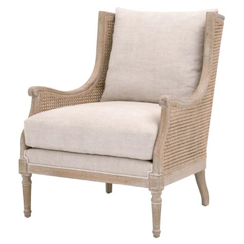 Beau French Country Beige Linen Blend Natural Cane Birch Wood Wing Arm Chair