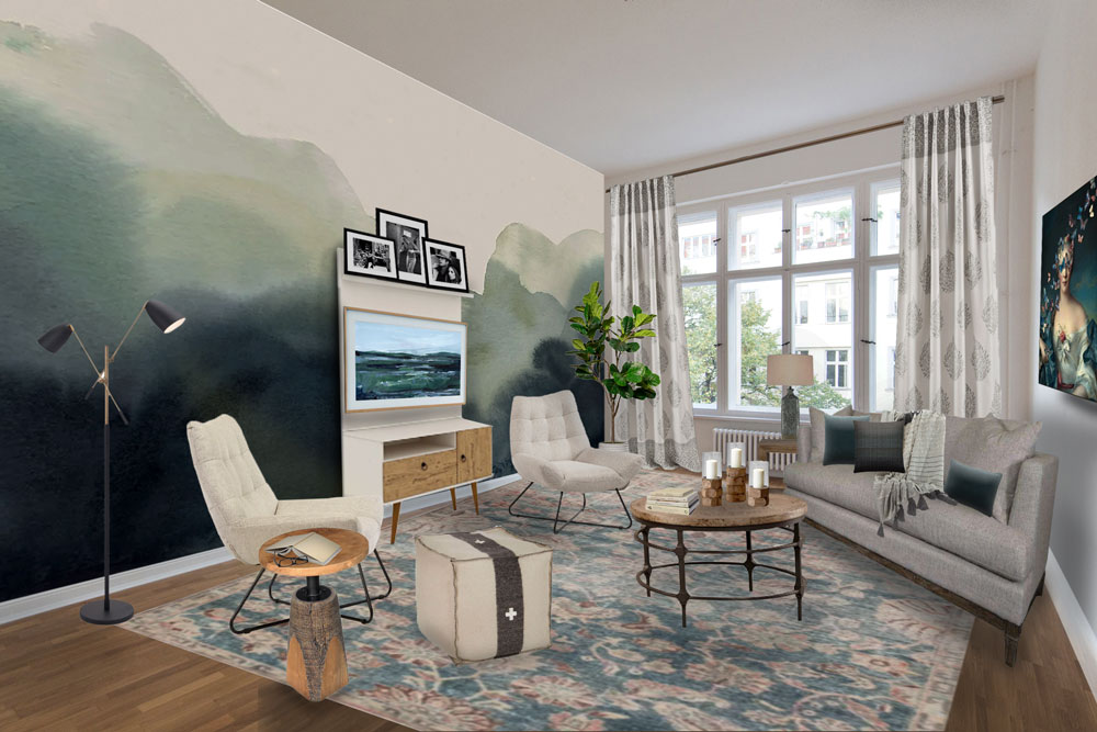 Modern apartment with large wall mural from Rebel Walls and neutral furniture