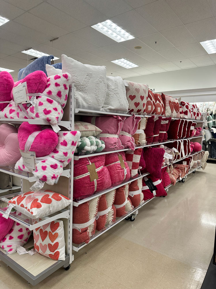 A row full of Valentines Day Pillows at HomeGoods