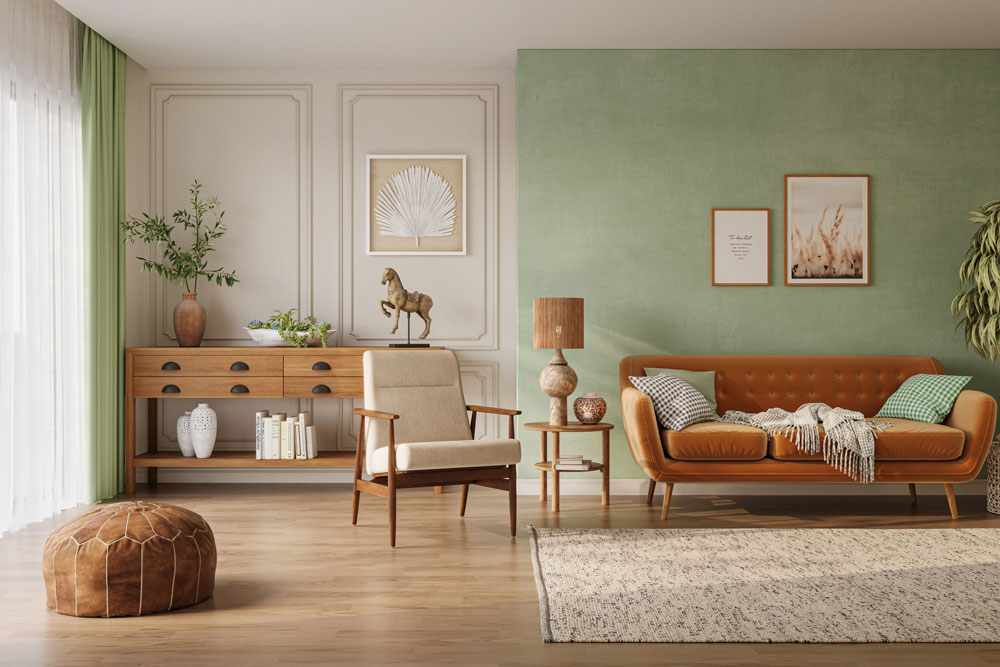 Orange sofa in cozy living room interior with pastel green wall and wood furniture. Wall mockup