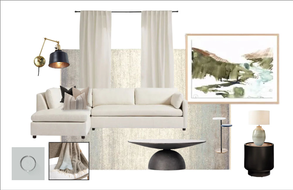 Design Board that features cream sofa, ombre rug, coastal artwork and occasional tables.