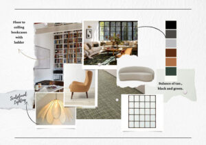 Ideal Room Board featuring a bright room with cream sofa and green rug and floor to ceiling bookcases as well as a color palette.