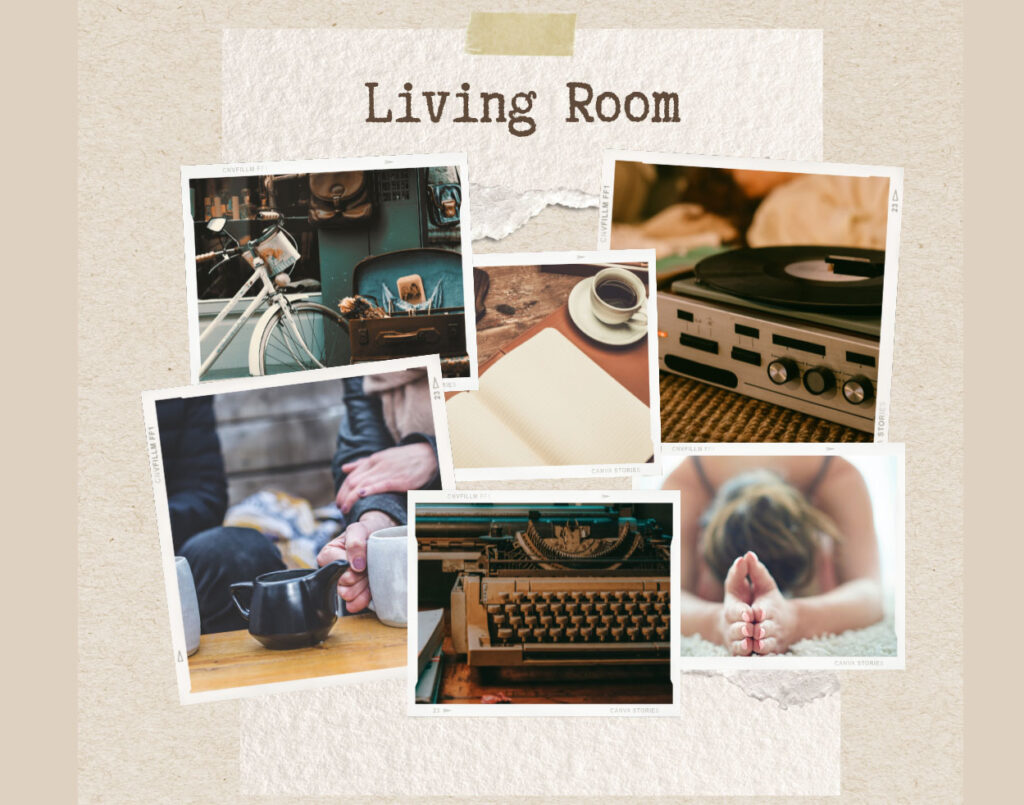 Lifestyle mood board picturing record player, yoga, journal, typewriter, coffee with friends and a vintage bicycle.